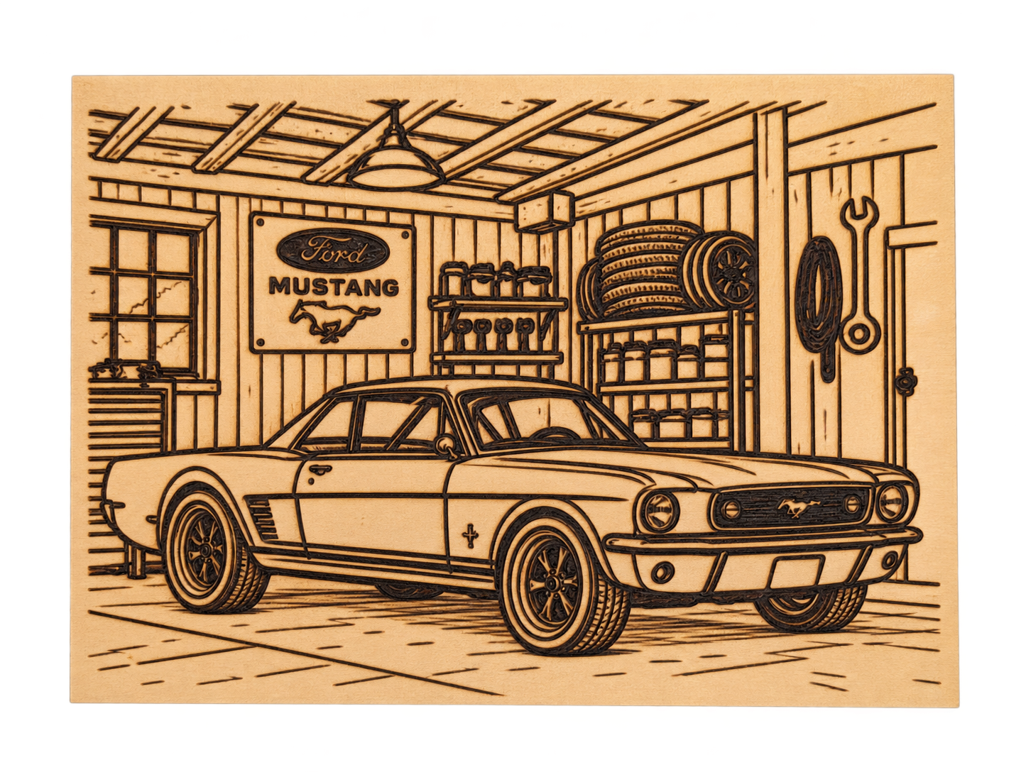 Ford Mustang and garage scene engraved on a wooden picture panel